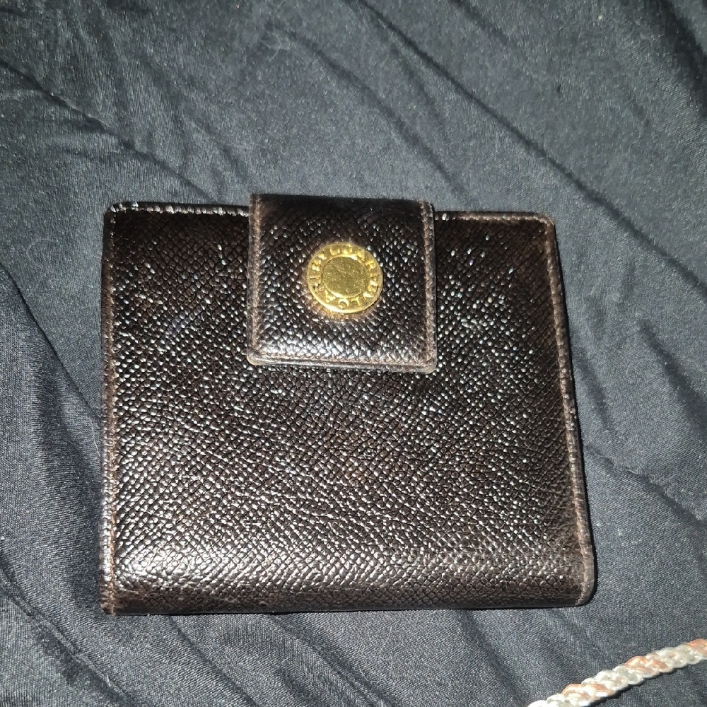 Espresso. Bvlgari Bulgari Pebbled Leather Wallet with Gold Accent